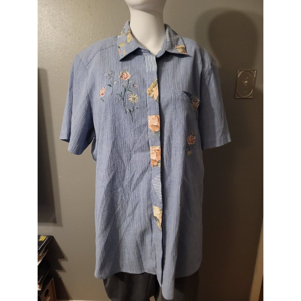 Napa Valley Vintage Blue Button Up Floral Embroidered Blouse Size 1X READ